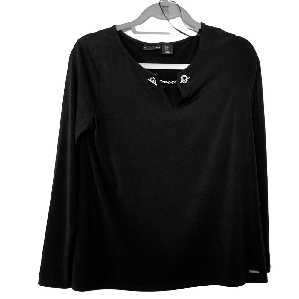 Tahari Black Long Sleeve Top with Silver Detail - Size M